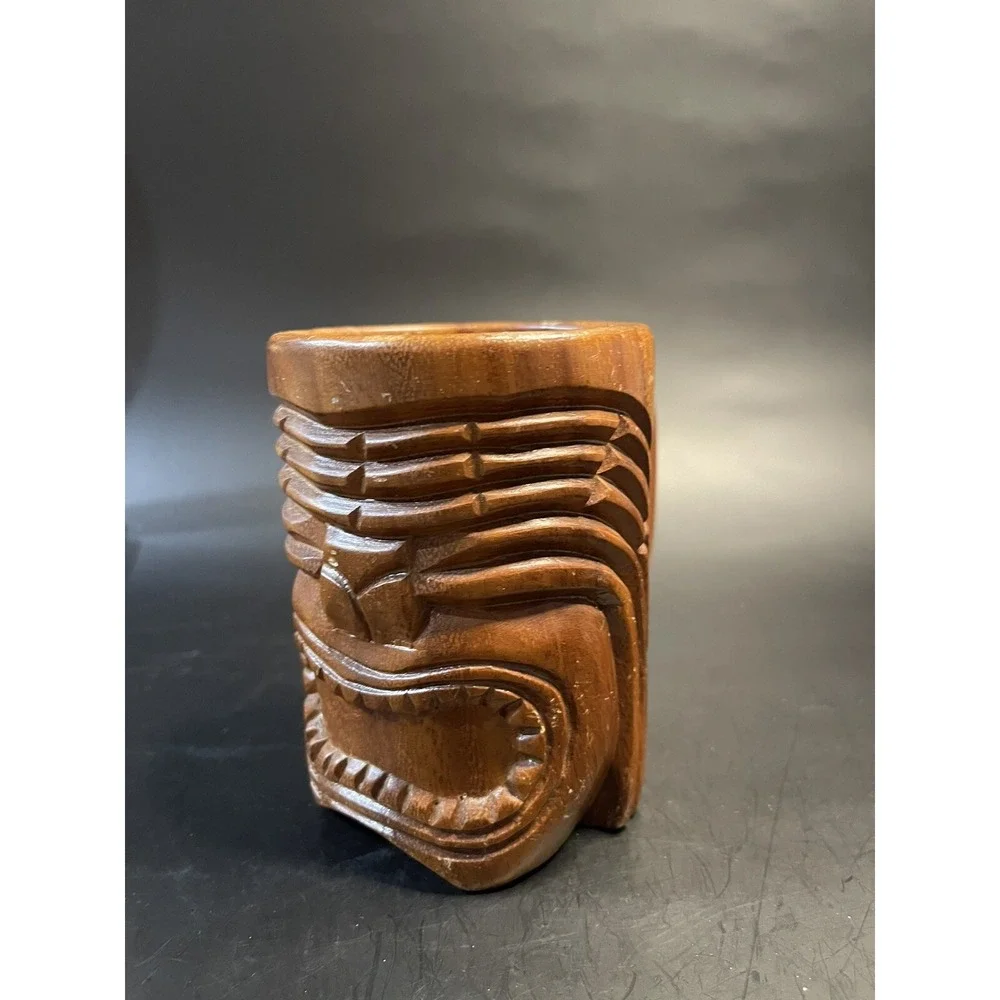 Vintage TIKI Mug Hand Carved Wood- From The Phillipines - Handled Cup
